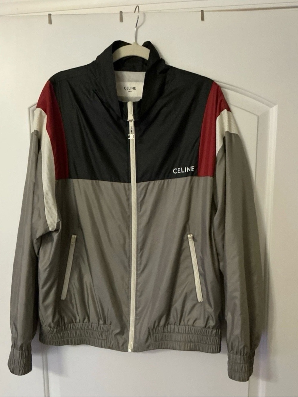 Size XL - Celine Gray Color Block Logo Print Mesh Trimmed Nylon Track Jacket
